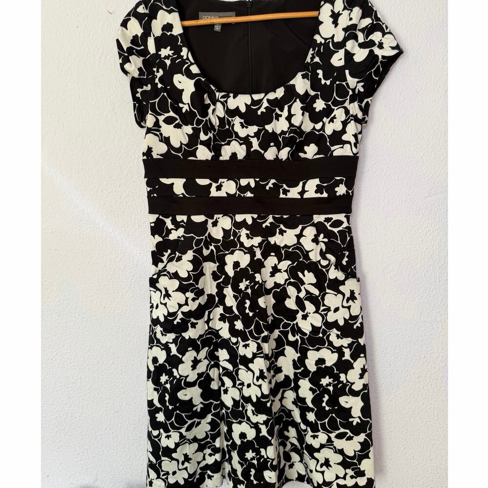 Donna‎ Ricco Dress Black White Flowers Midi Short Sleeve Womens Size 12